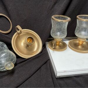 🚫…..S..O..L..D….. Elegant BrassGlass Candle Holders 3pc Set, (2/4” & 1/3” round)